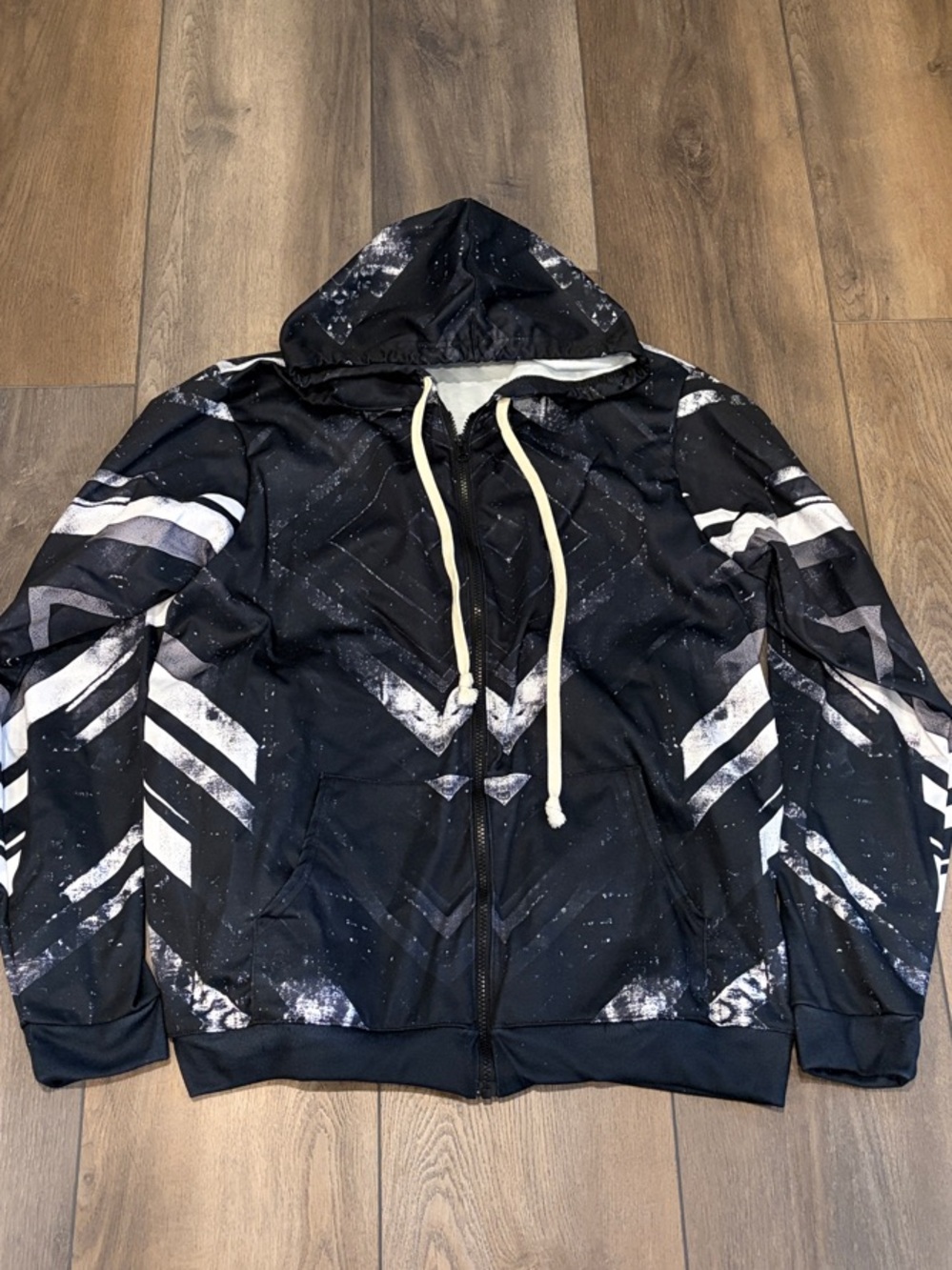 Black Graphic Zip-Up Hoodie with White Accents